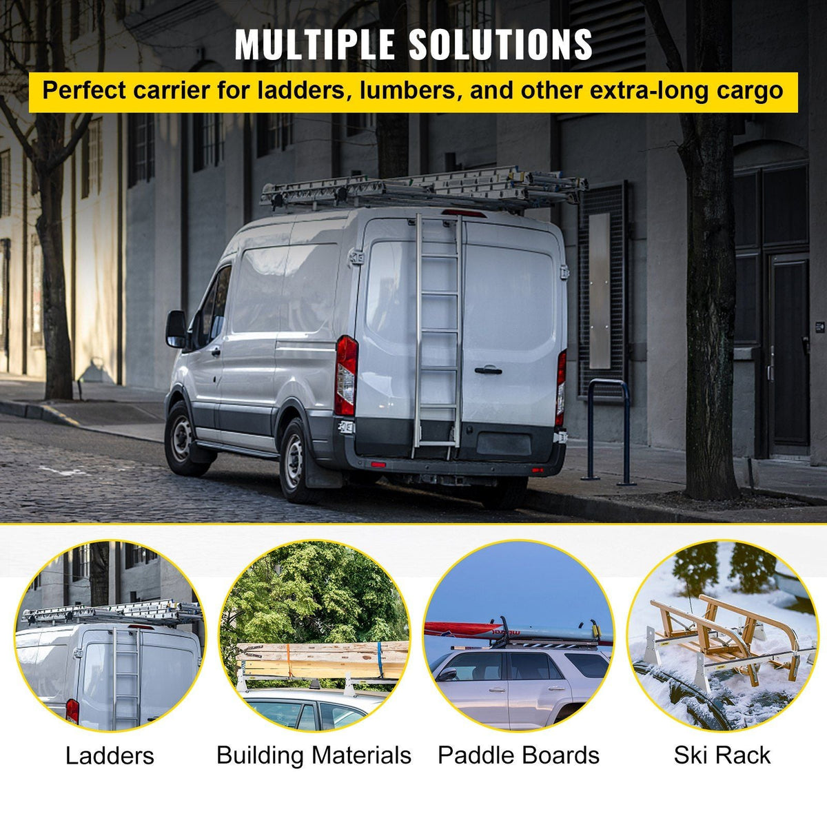 Van Roof Ladder Rack, 2 Bars, 331 LBS Capacity, 52\"-63.8\" Adjustable Steel Roof Rack Cross Bar with Ladder Stoppers, Fit Vans with Rain Gutters, for Kayak Canoe Lumber Pipe Cargo,, White