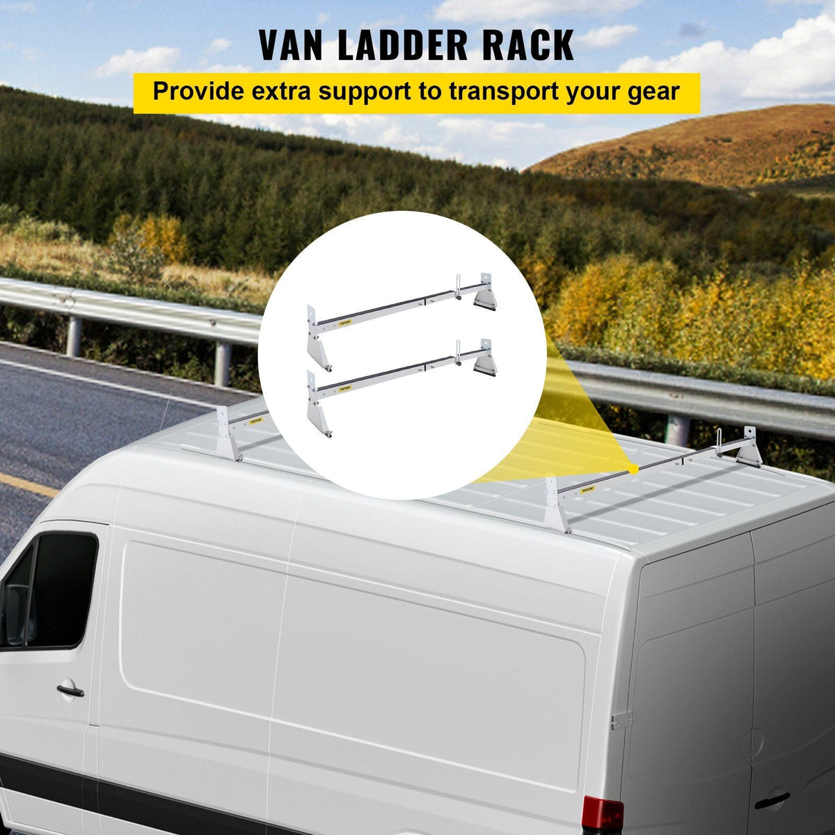 Van Roof Ladder Rack, 2 Bars, 331 LBS Capacity, 52\"-63.8\" Adjustable Steel Roof Rack Cross Bar with Ladder Stoppers, Fit Vans with Rain Gutters, for Kayak Canoe Lumber Pipe Cargo,, White