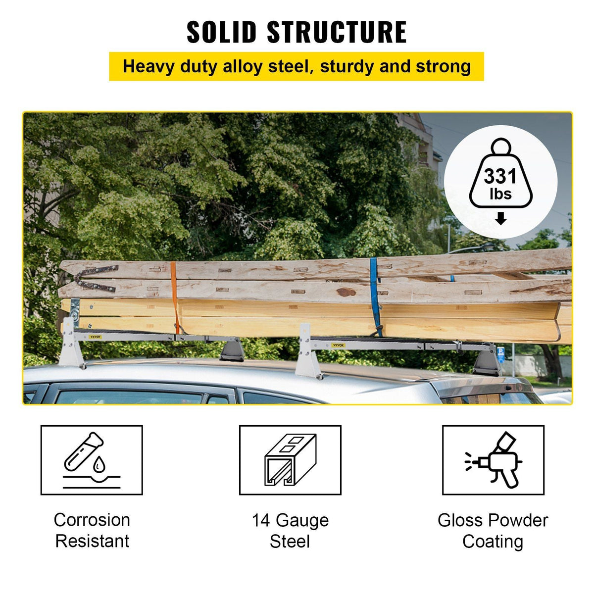 Van Roof Ladder Rack, 2 Bars, 331 LBS Capacity, 52\"-63.8\" Adjustable Steel Roof Rack Cross Bar with Ladder Stoppers, Fit Vans with Rain Gutters, for Kayak Canoe Lumber Pipe Cargo,, White