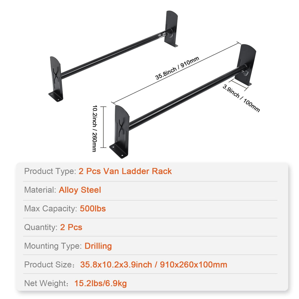 Van Roof Ladder Rack, 2 Bars Alloy Steel Roof Racks, 500 LBS Capacity Roof Rack, Adjustable Length 35.8"-52.4", Van Ladder Rack Compatible with Chevrolet Express, GMC Savana, etc, Drilling Mount