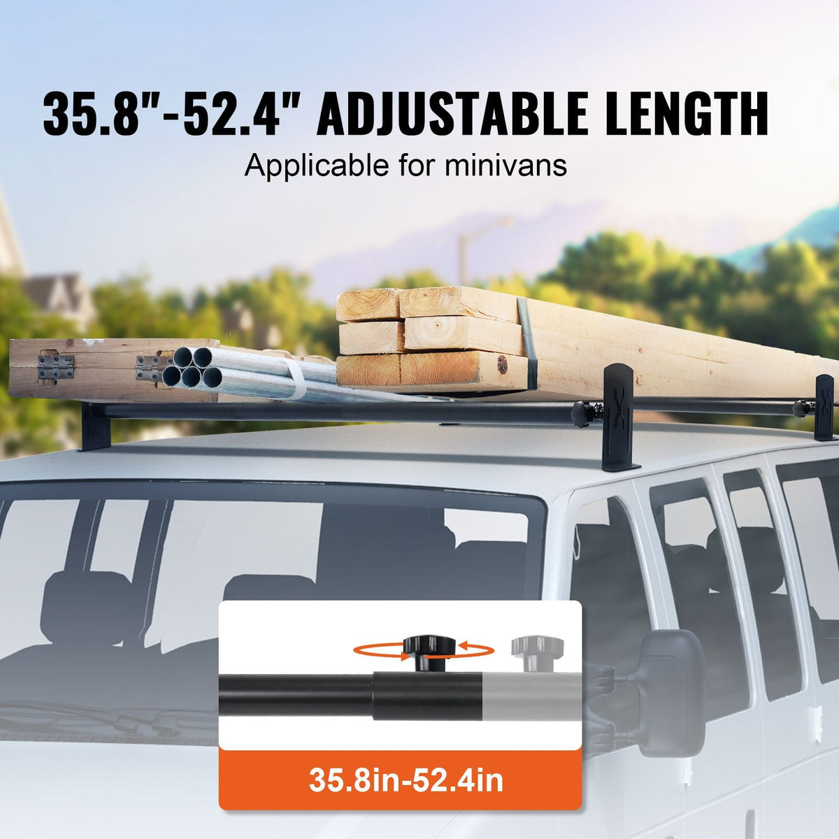 Van Roof Ladder Rack, 2 Bars Alloy Steel Roof Racks, 500 LBS Capacity Roof Rack, Adjustable Length 35.8"-52.4", Van Ladder Rack Compatible with Chevrolet Express, GMC Savana, etc, Drilling Mount