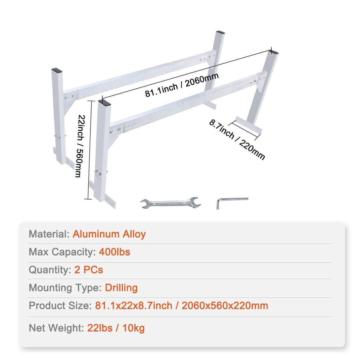 Van Roof Ladder Rack, 2 Bars Aluminum Alloy Roof Ladder Racks, 400 LBS Capacity Rain-Gutter Van Roof Rack, Adjustable Length 51.2" to 81.1", Van Ladder Rack for Van, Cargo, Trailer
