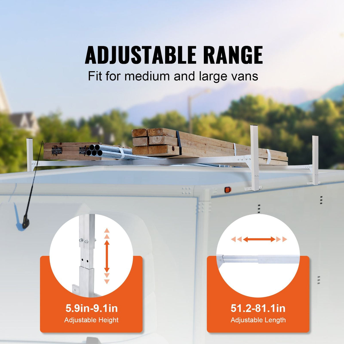 Van Roof Ladder Rack, 2 Bars Aluminum Alloy Roof Ladder Racks, 400 LBS Capacity Rain-Gutter Van Roof Rack, Adjustable Length 51.2" to 81.1", Van Ladder Rack for Van, Cargo, Trailer