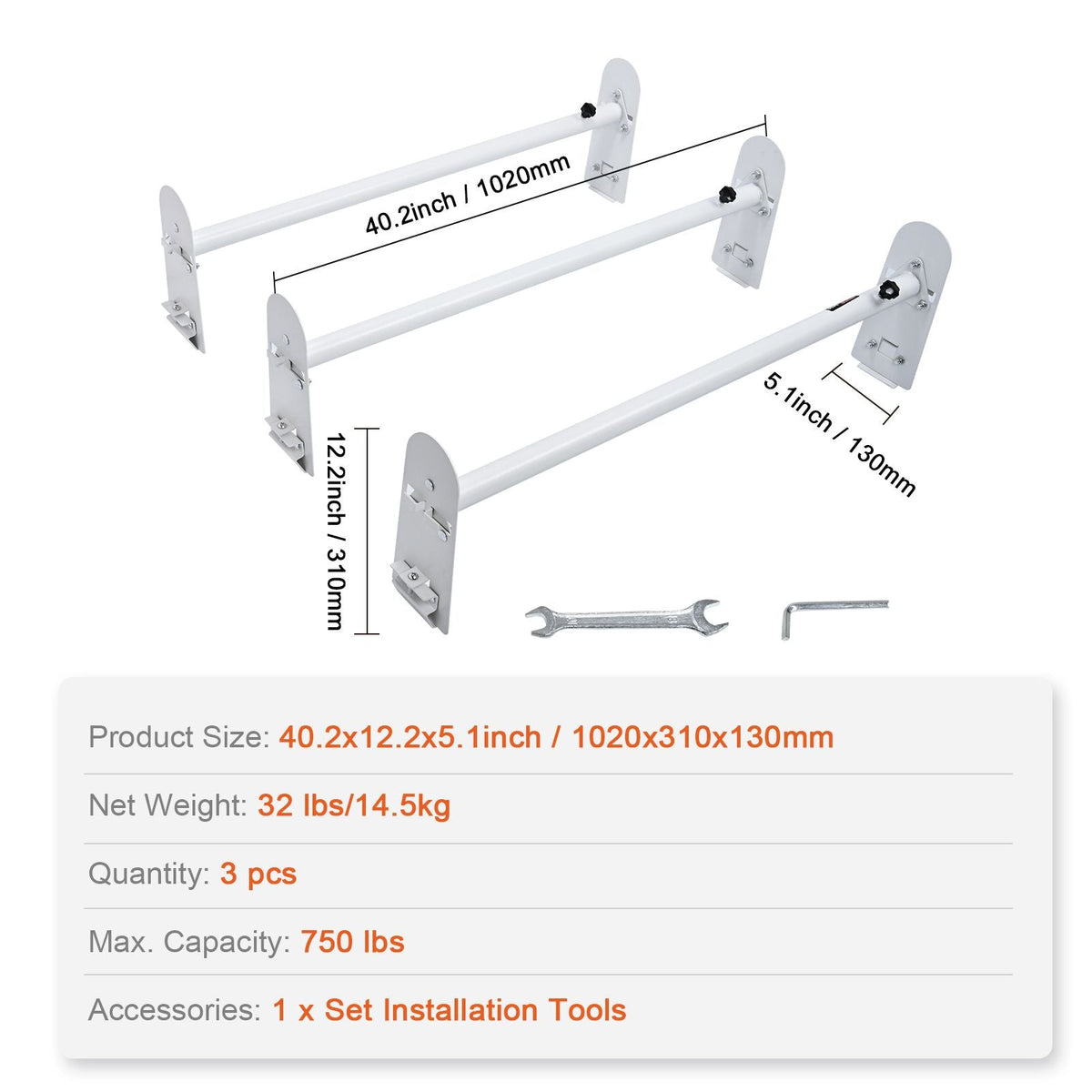 Van Roof Ladder Rack, 3 Bars Alloy Steel Roof Racks, 750 LBS Capacity Rain-Gutter Roof Rack, Adjustable Length 40.2" to 74.8", Van Ladder Rack Compatible with Chevrolet Express, GMC Savana, etc