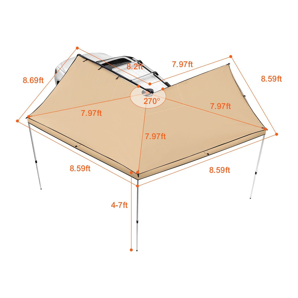 Vehicle Awning 270 Degree, 8.2' Height Retractable Car Side Awning, PU3000mm UV50+ Car Awning with Waterproof Storage Bag, Suitable for Truck, SUV, Van, Campers