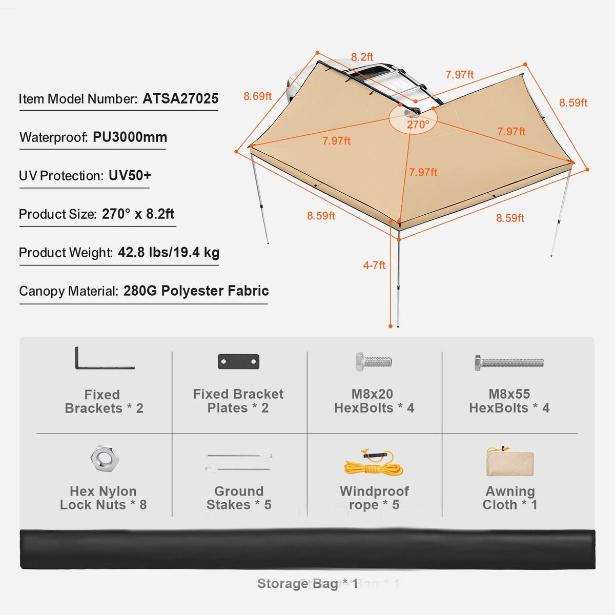 Vehicle Awning 270 Degree, 8.2' Height Retractable Car Side Awning, PU3000mm UV50+ Car Awning with Waterproof Storage Bag, Suitable for Truck, SUV, Van, Campers