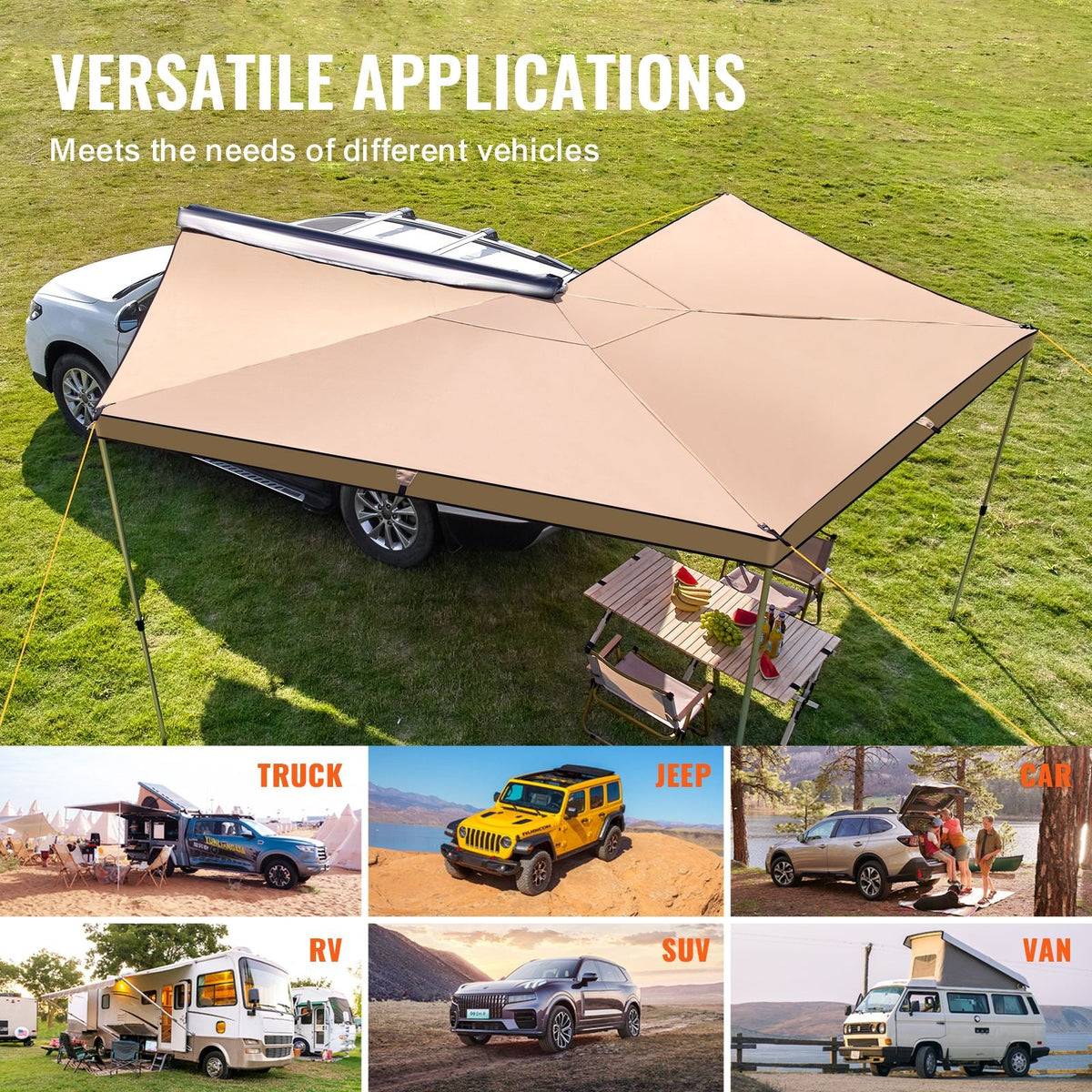 Vehicle Awning 270 Degree, 8.2' Height Retractable Car Side Awning, PU3000mm UV50+ Car Awning with Waterproof Storage Bag, Suitable for Truck, SUV, Van, Campers