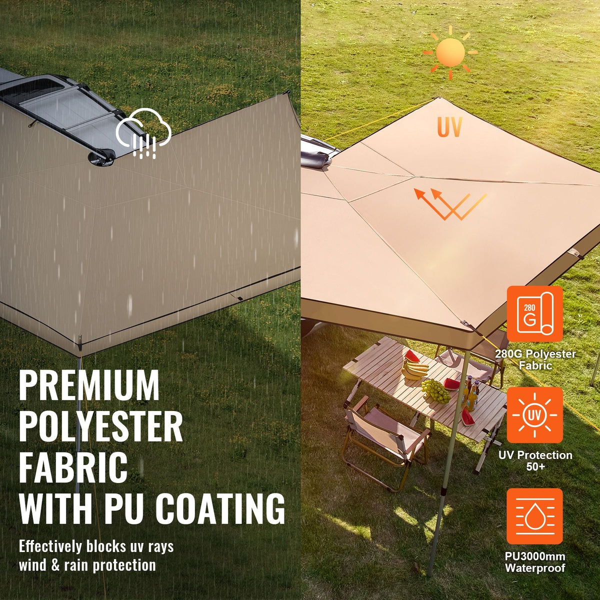 Vehicle Awning 270 Degree, 8.2' Height Retractable Car Side Awning, PU3000mm UV50+ Car Awning with Waterproof Storage Bag, Suitable for Truck, SUV, Van, Campers