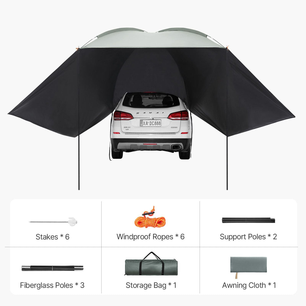 Vehicle Awning, Large 10' x 7' Shade Coverage Car Side Awning, PU2000mm UV50+ Car Awning with Extended Side Canopies and Portable Storage Bag, Suitable for Truck, SUV, Van, Campers