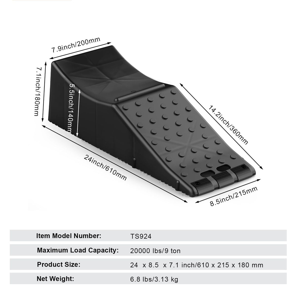 Vehicle Ramp, Single Unit Auto Service Ramp, 20000 lbs/9 ton Load Limit, 5.5" Elevation Auto Ramp, Robust Tire Ramp for Routine Car Care and Vehicle Upkeep