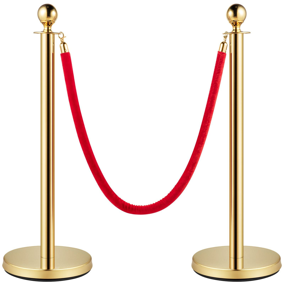 Velvet Ropes and Posts, 5 ft/1.5 m Red Rope, Stainless Steel Gold Stanchion with Ball Top, Red Crowd Control Barrier Used for Theaters, Party, Wedding, Exhibition, Ticket Offices 2 Pack Sets