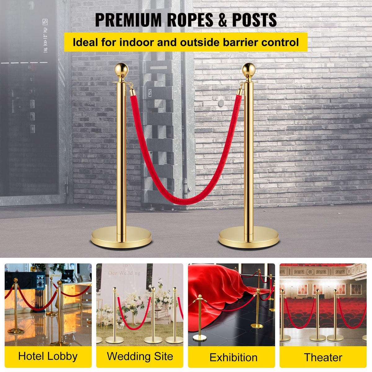 Velvet Ropes and Posts, 5 ft/1.5 m Red Rope, Stainless Steel Gold Stanchion with Ball Top, Red Crowd Control Barrier Used for Theaters, Party, Wedding, Exhibition, Ticket Offices 2 Pack Sets