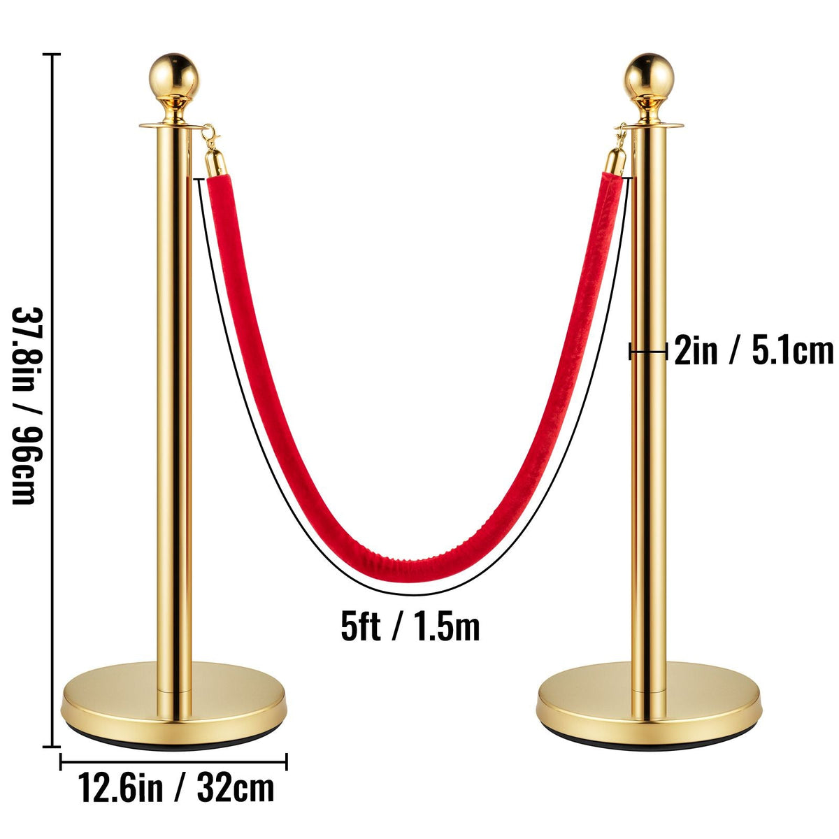 Velvet Ropes and Posts, 5 ft/1.5 m Red Rope, Stainless Steel Gold Stanchion with Ball Top, Red Crowd Control Barrier Used for Theaters, Party, Wedding, Exhibition, Ticket Offices 4 packSets