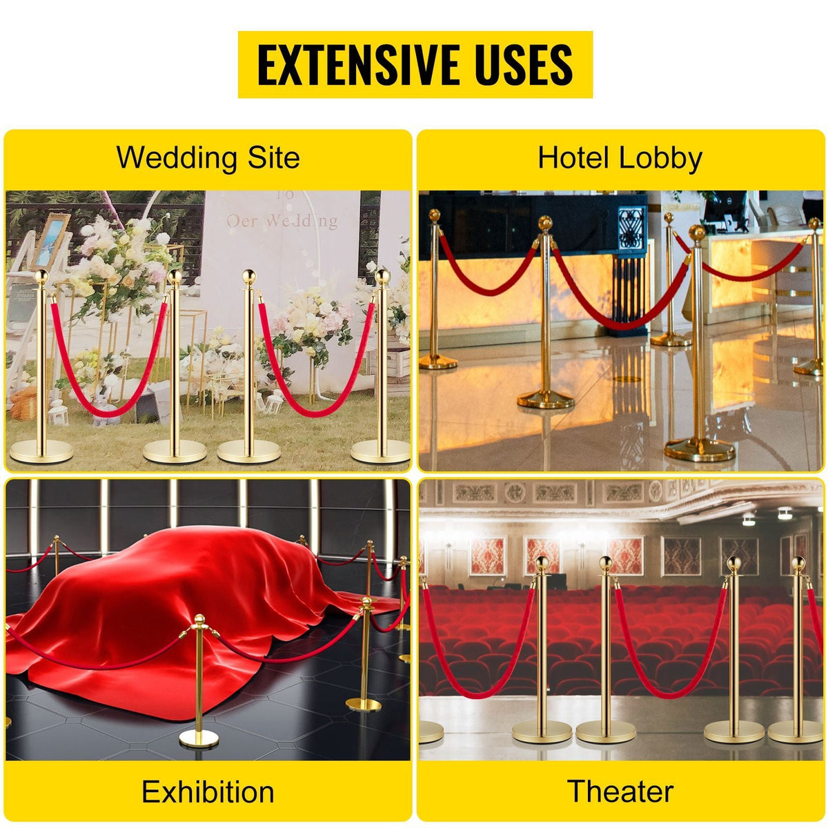 Velvet Ropes and Posts, 5 ft/1.5 m Red Rope, Stainless Steel Gold Stanchion with Ball Top, Red Crowd Control Barrier Used for Theaters, Party, Wedding, Exhibition, Ticket Offices Pack Sets (6)