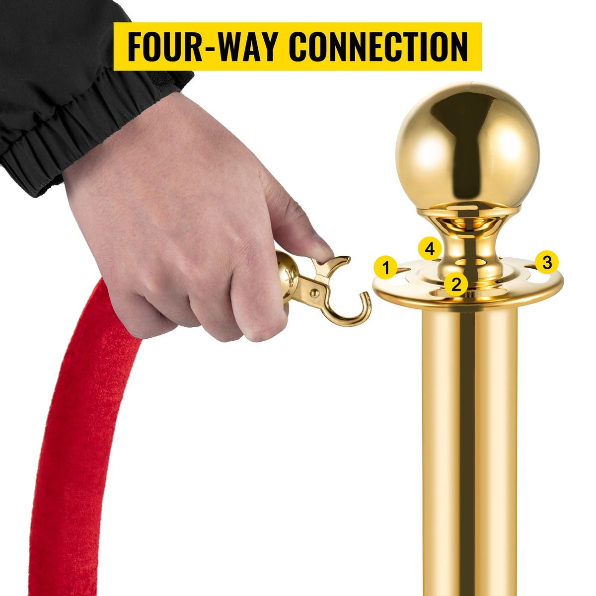 Velvet Ropes and Posts, 5 ft/1.5 m Red Rope, Stainless Steel Gold Stanchion with Ball Top, Red Crowd Control Barrier Used for Theaters, Party, Wedding, Exhibition, Ticket Offices Pack Sets (6)