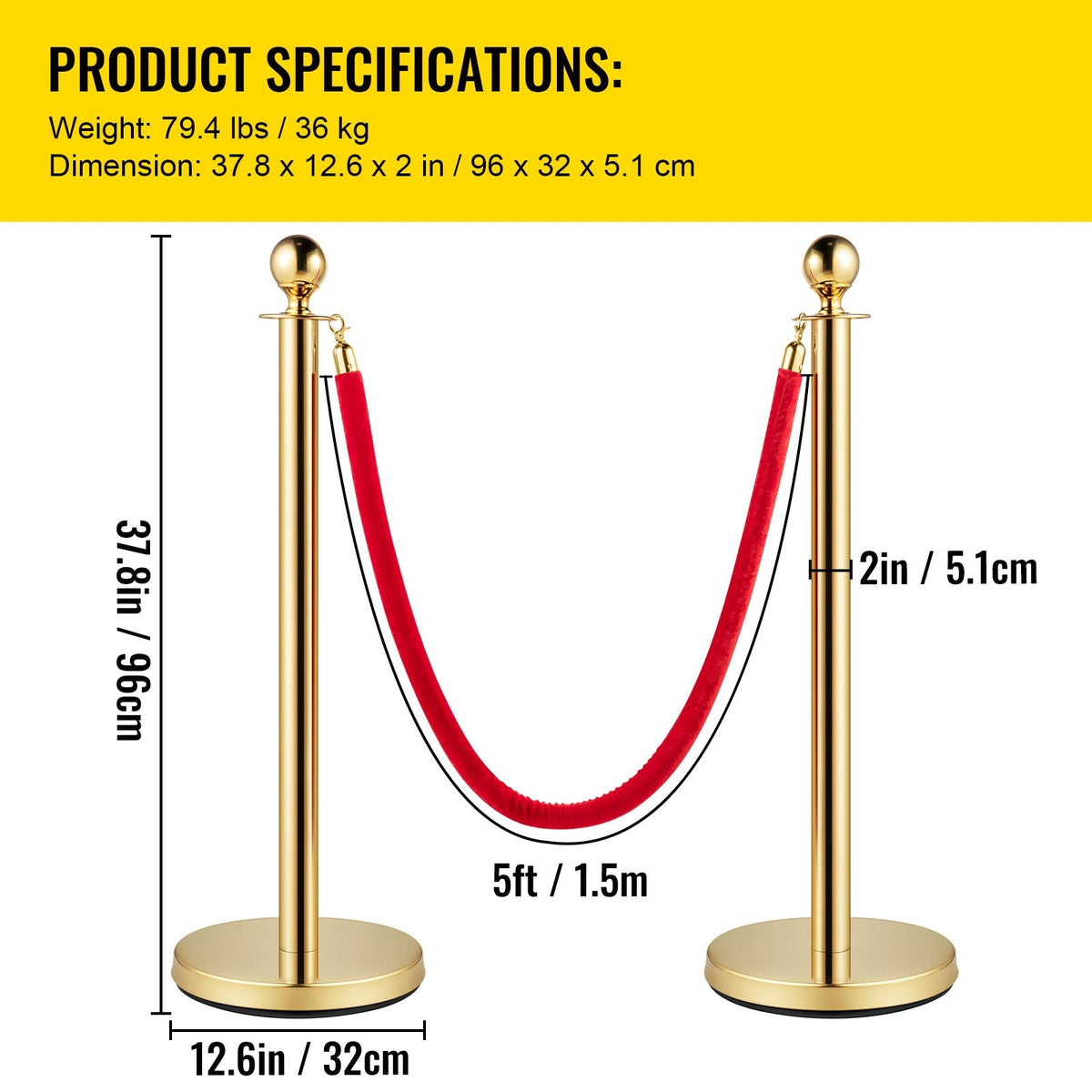 Velvet Ropes and Posts, 5 ft/1.5 m Red Rope, Stainless Steel Gold Stanchion with Ball Top, Red Crowd Control Barrier Used for Theaters, Party, Wedding, Exhibition, Ticket Offices Pack Sets (6)