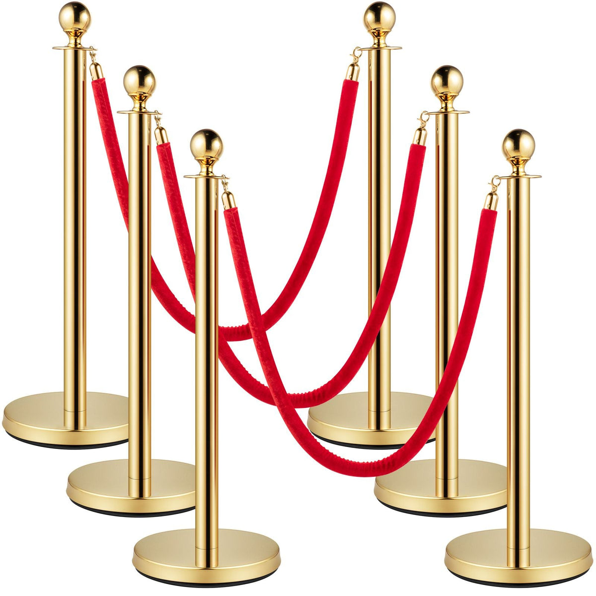 Velvet Ropes and Posts, 5 ft/1.5 m Red Rope, Stainless Steel Gold Stanchion with Ball Top, Red Crowd Control Barrier Used for Theaters, Party, Wedding, Exhibition, Ticket Offices Pack Sets (6)