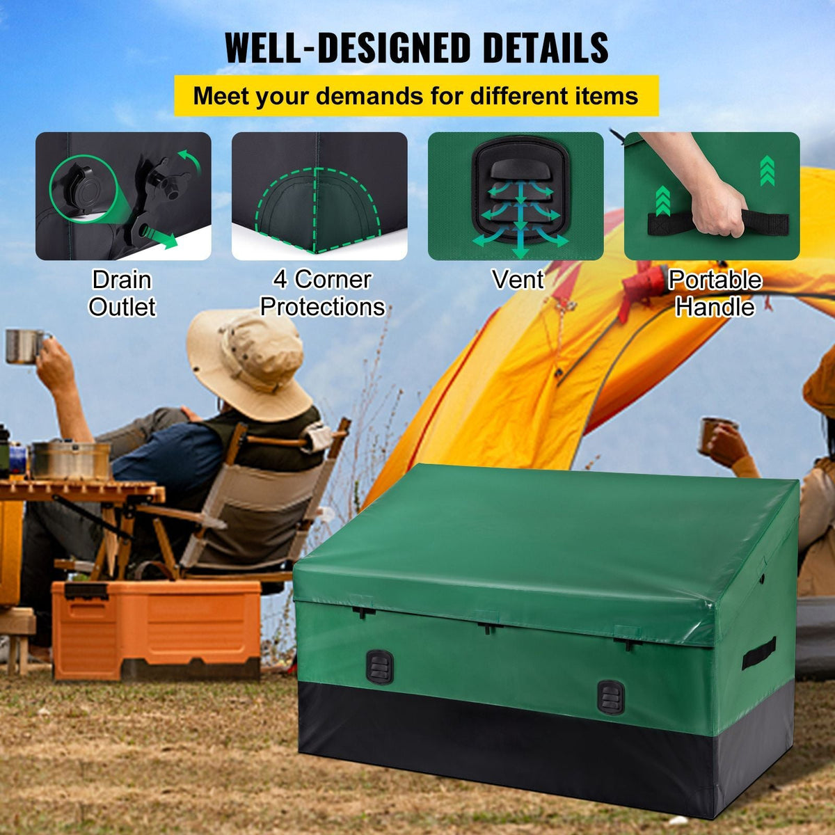 VEOVR Outdoor Storage Box, 150 Gallon Waterproof PE Tarpaulin Deck Box with Galvanized Frame, All-Weather Protection & Portable, for Camping, Garden, Poolside, and Yard, Brown & Blue