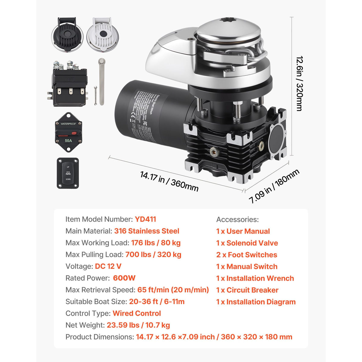 Vertical Fishing Windlass, 12V DC 1100W, Windlass Anchor Systems Fit for 1/4-Inch Chain or 9/16 & 5/8 Inch Nylon Rope, Max Pull 700 lbs, 316 Stainless Steel Construction, for Boats 20-36 ft