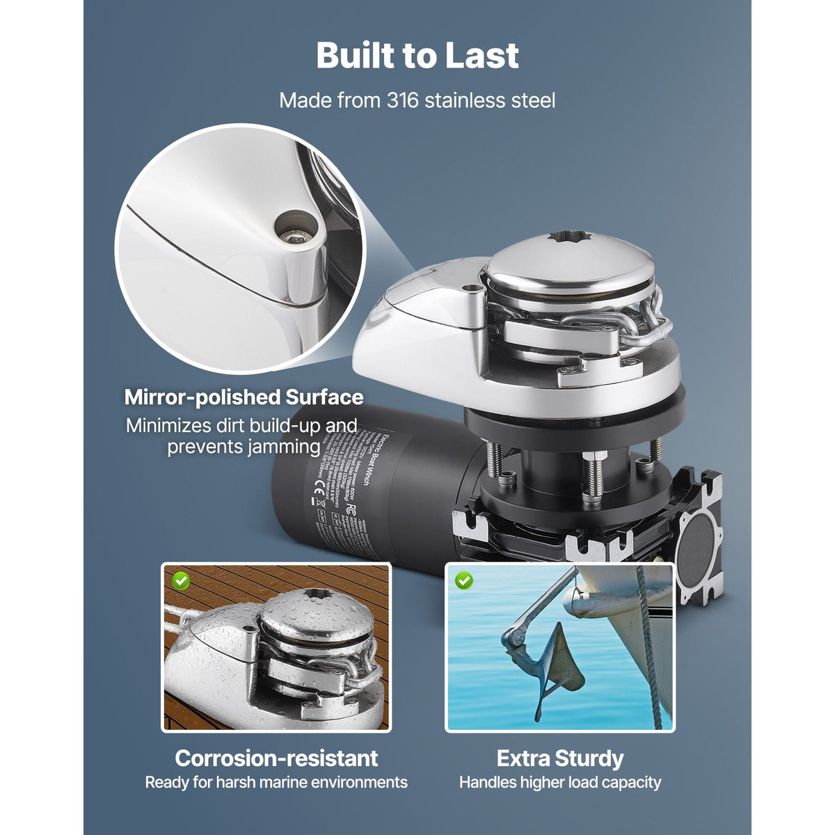 Vertical Fishing Windlass, 12V DC 1100W, Windlass Anchor Systems Fit for 1/4-Inch Chain or 9/16 & 5/8 Inch Nylon Rope, Max Pull 700 lbs, 316 Stainless Steel Construction, for Boats 20-36 ft