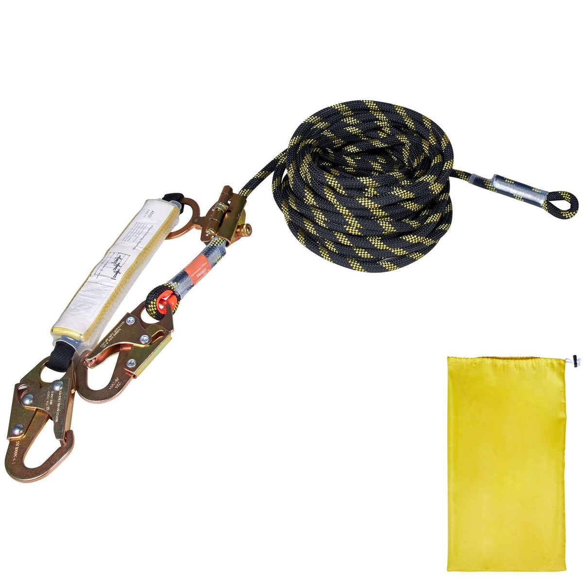 Vertical Lifeline Assembly, 0.55'' x 100' Fall Protection Rope with 30 KN Breaking Tension, Polyester Roofing Rope with Steel Snap Hooks, Rope Grab, and Shock Absorber, ANSI Compliant