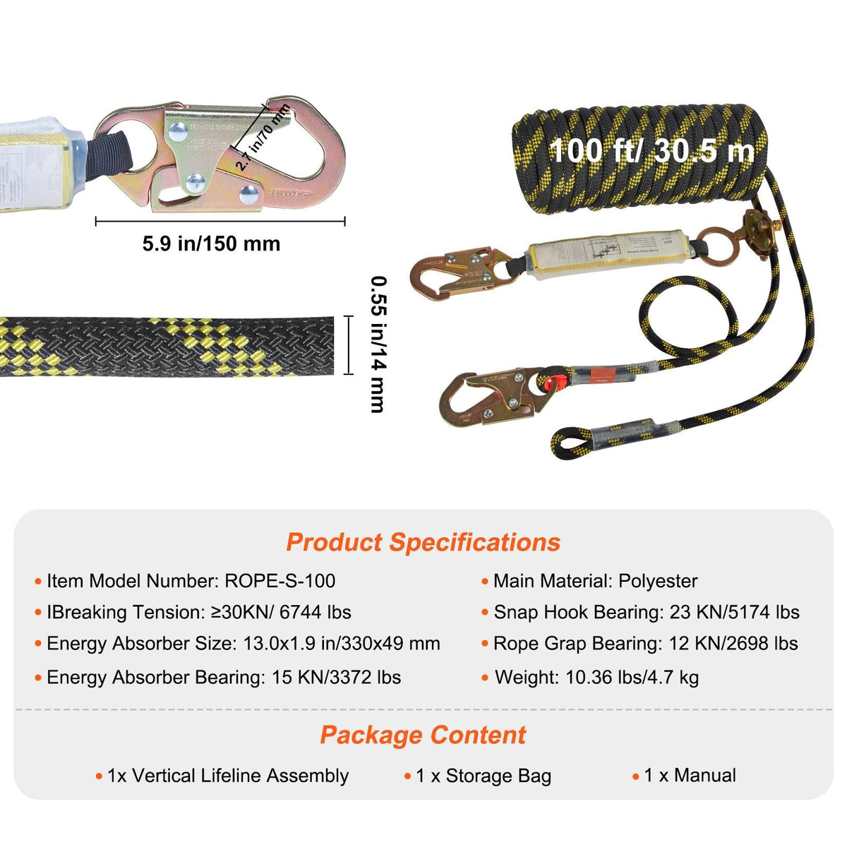 Vertical Lifeline Assembly, 0.55'' x 100' Fall Protection Rope with 30 KN Breaking Tension, Polyester Roofing Rope with Steel Snap Hooks, Rope Grab, and Shock Absorber, ANSI Compliant