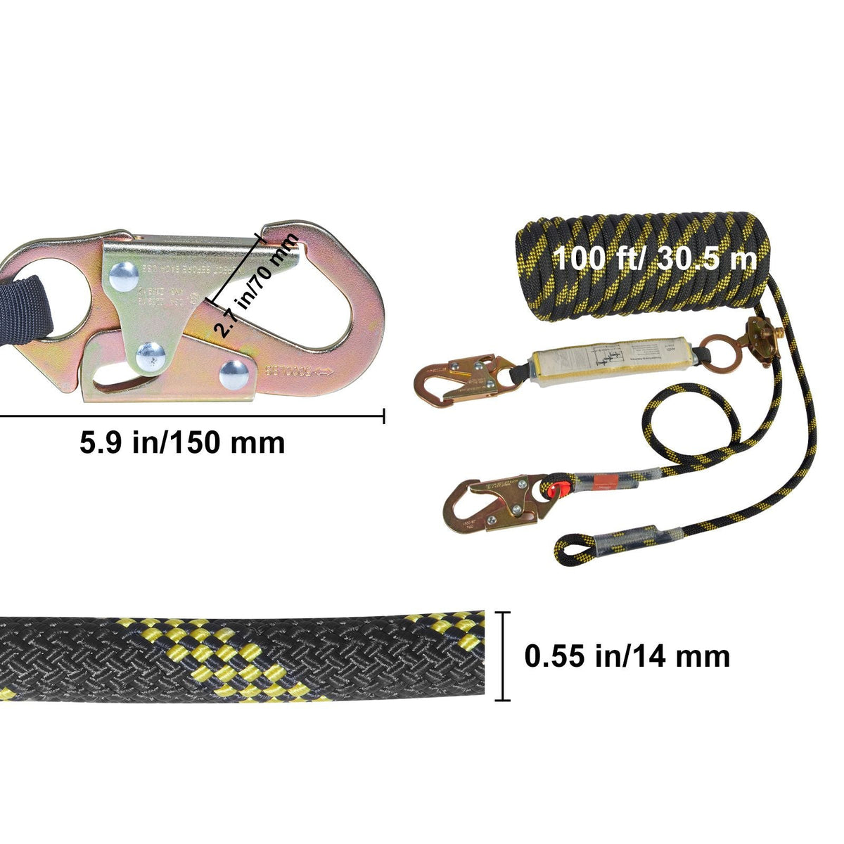 Vertical Lifeline Assembly, 0.55'' x 100' Fall Protection Rope with 30 KN Breaking Tension, Polyester Roofing Rope with Steel Snap Hooks, Rope Grab, and Shock Absorber, ANSI Compliant
