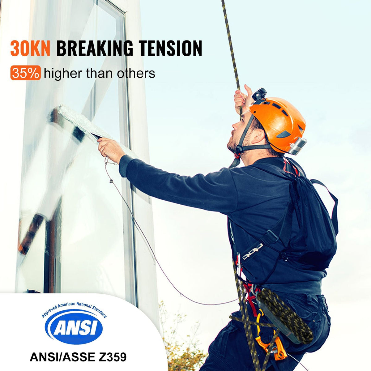 Vertical Lifeline Assembly, 0.55'' x 100' Fall Protection Rope with 30 KN Breaking Tension, Polyester Roofing Rope with Steel Snap Hooks, Rope Grab, and Shock Absorber, ANSI Compliant