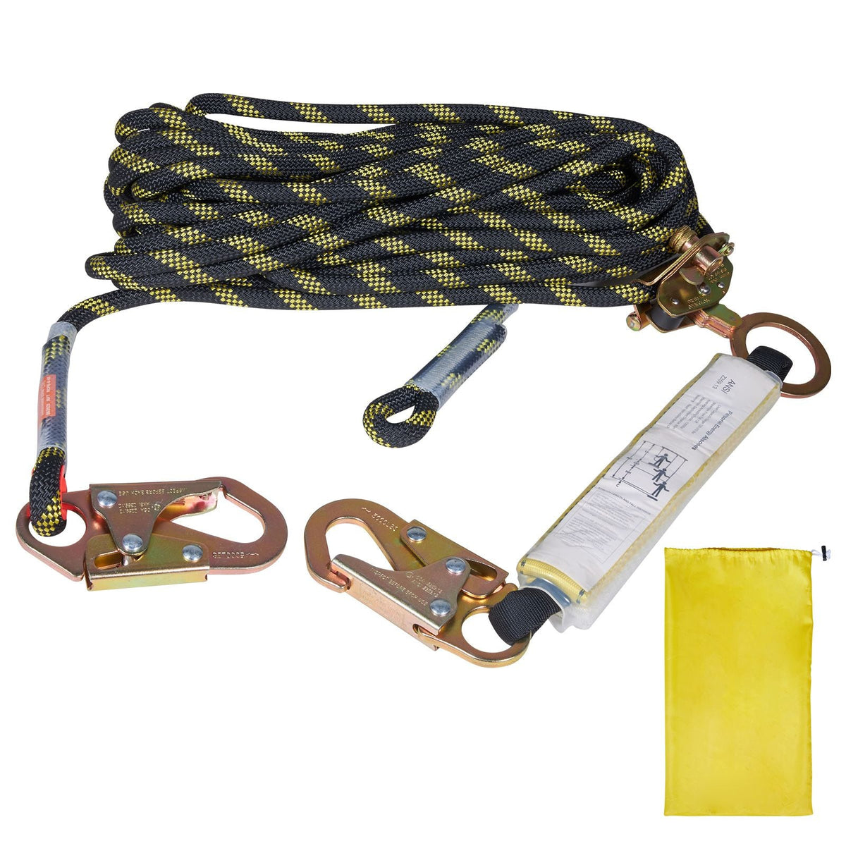 Vertical Lifeline Assembly, 0.55'' x 25' Fall Protection Rope with 30 KN Breaking Tension, Polyester Roofing Rope with Steel Snap Hooks, Rope Grab, and Shock Absorber, ANSI Compliant