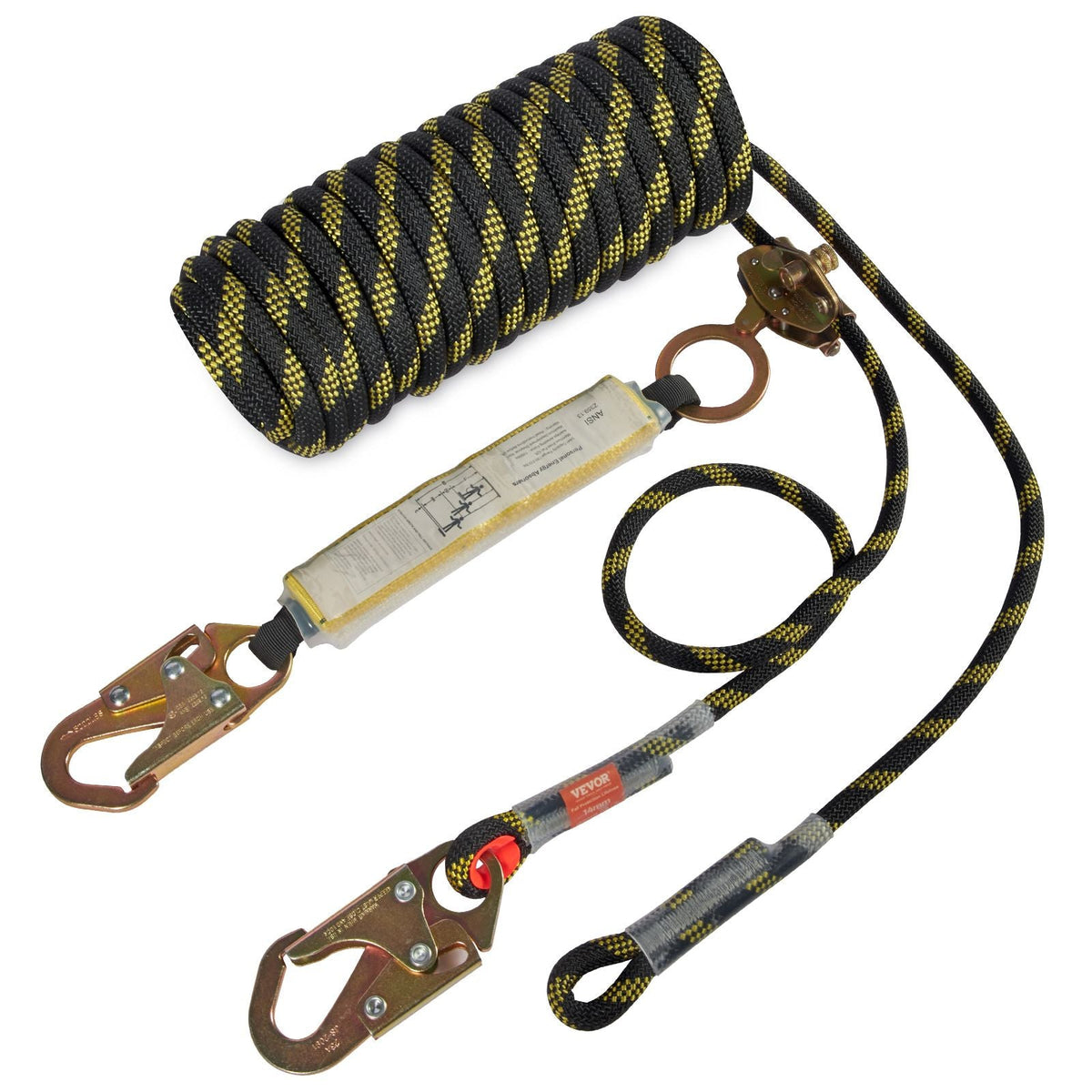 Vertical Lifeline Assembly, 0.55'' x 25' Fall Protection Rope with 30 KN Breaking Tension, Polyester Roofing Rope with Steel Snap Hooks, Rope Grab, and Shock Absorber, ANSI Compliant