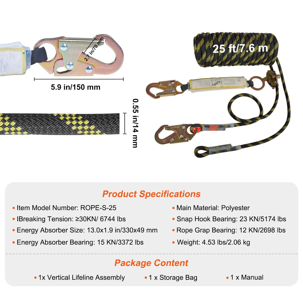 Vertical Lifeline Assembly, 0.55'' x 25' Fall Protection Rope with 30 KN Breaking Tension, Polyester Roofing Rope with Steel Snap Hooks, Rope Grab, and Shock Absorber, ANSI Compliant