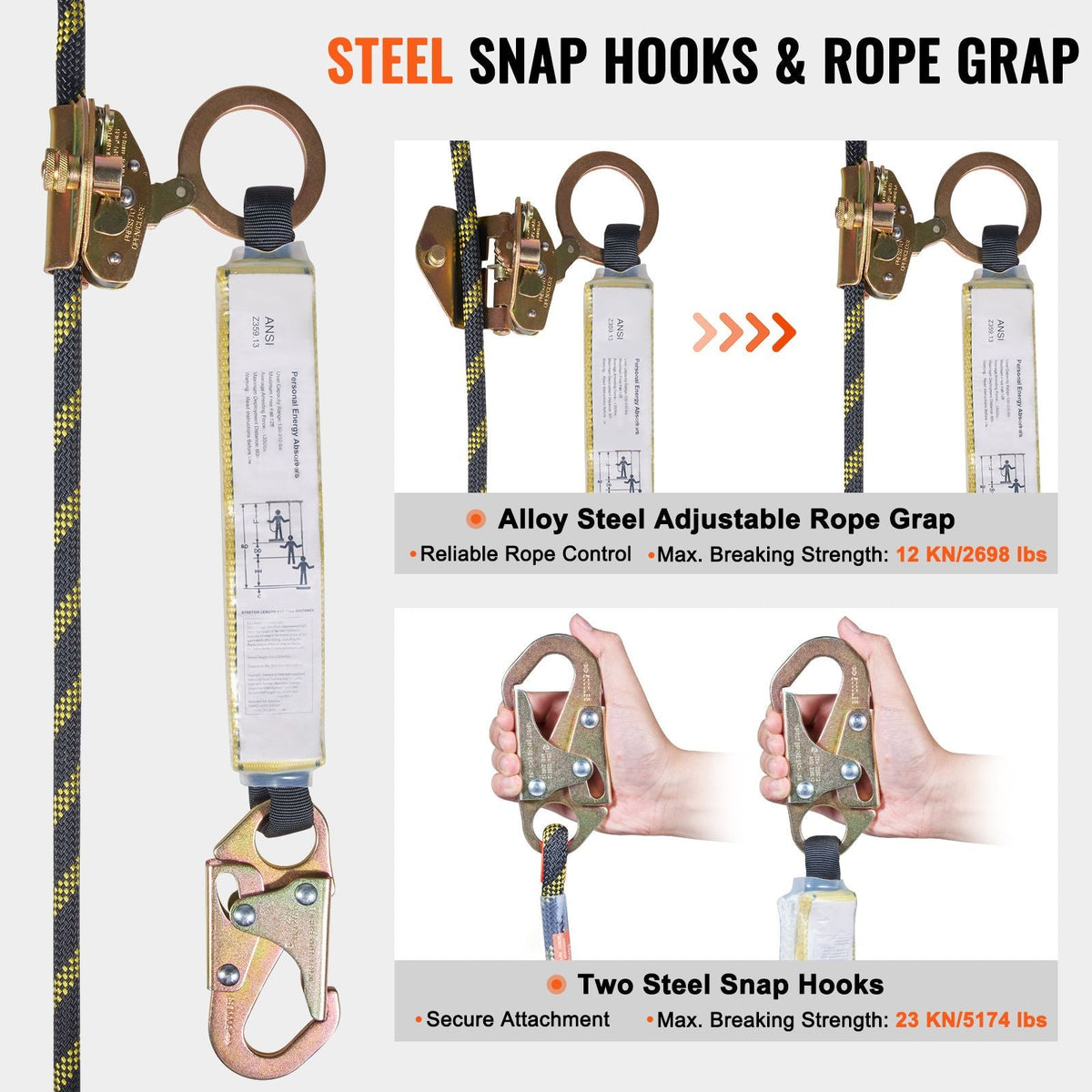 Vertical Lifeline Assembly, 0.55'' x 50' Fall Protection Rope with 30 KN Breaking Tension, Polyester Roofing Rope with Steel Snap Hooks, Rope Grab, and Shock Absorber, ANSI Compliant