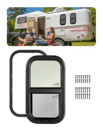 Vertical RV Window, 12" W x 22" H Tinted Sliding RV Window with Net Screen & Trim Ring, Fit 15/16" - 1 3/4" Thickness Wall, RV Window Replacement for Teardrop Cargo Trailer Camper, DOT Approved