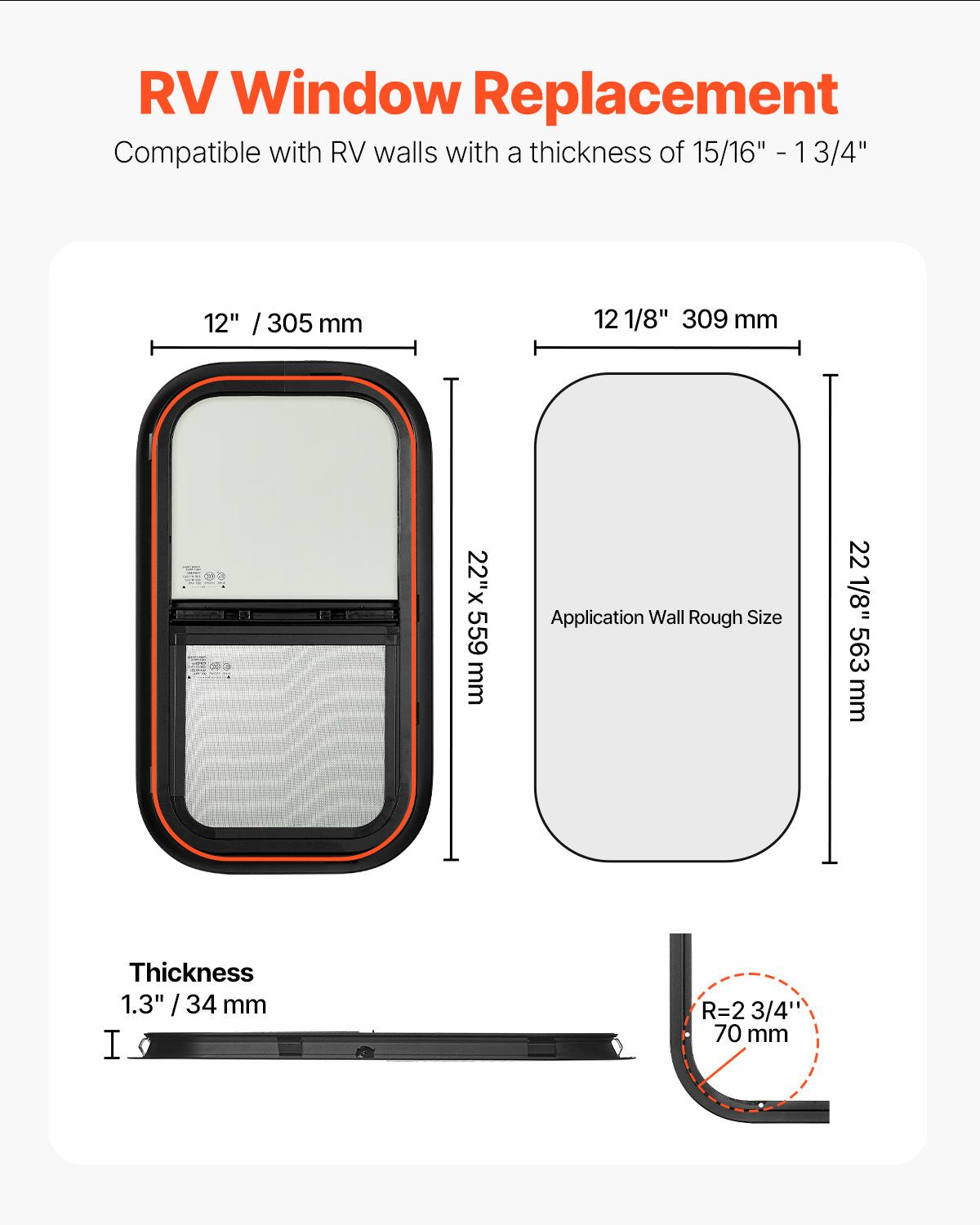 Vertical RV Window, 12" W x 22" H Tinted Sliding RV Window with Net Screen & Trim Ring, Fit 15/16" - 1 3/4" Thickness Wall, RV Window Replacement for Teardrop Cargo Trailer Camper, DOT Approved