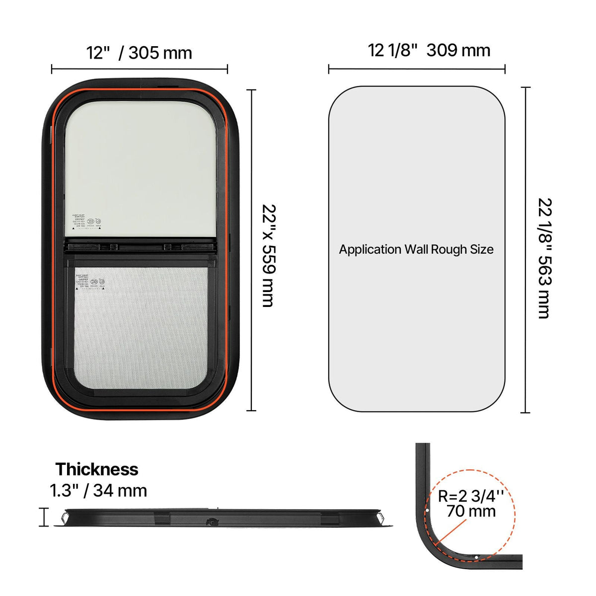 Vertical RV Window, 12" W x 22" H Tinted Sliding RV Window with Net Screen & Trim Ring, Fit 15/16" - 1 3/4" Thickness Wall, RV Window Replacement for Teardrop Cargo Trailer Camper, DOT Approved