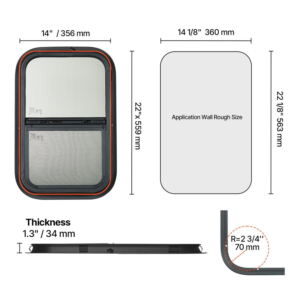 Vertical RV Window, 14" W x 22" H Tinted Sliding RV Window with Net Screen & Trim Ring, Fit 15/16" - 1 3/4" Thickness Wall, RV Window Replacement for Teardrop Cargo Trailer Camper, DOT Approved