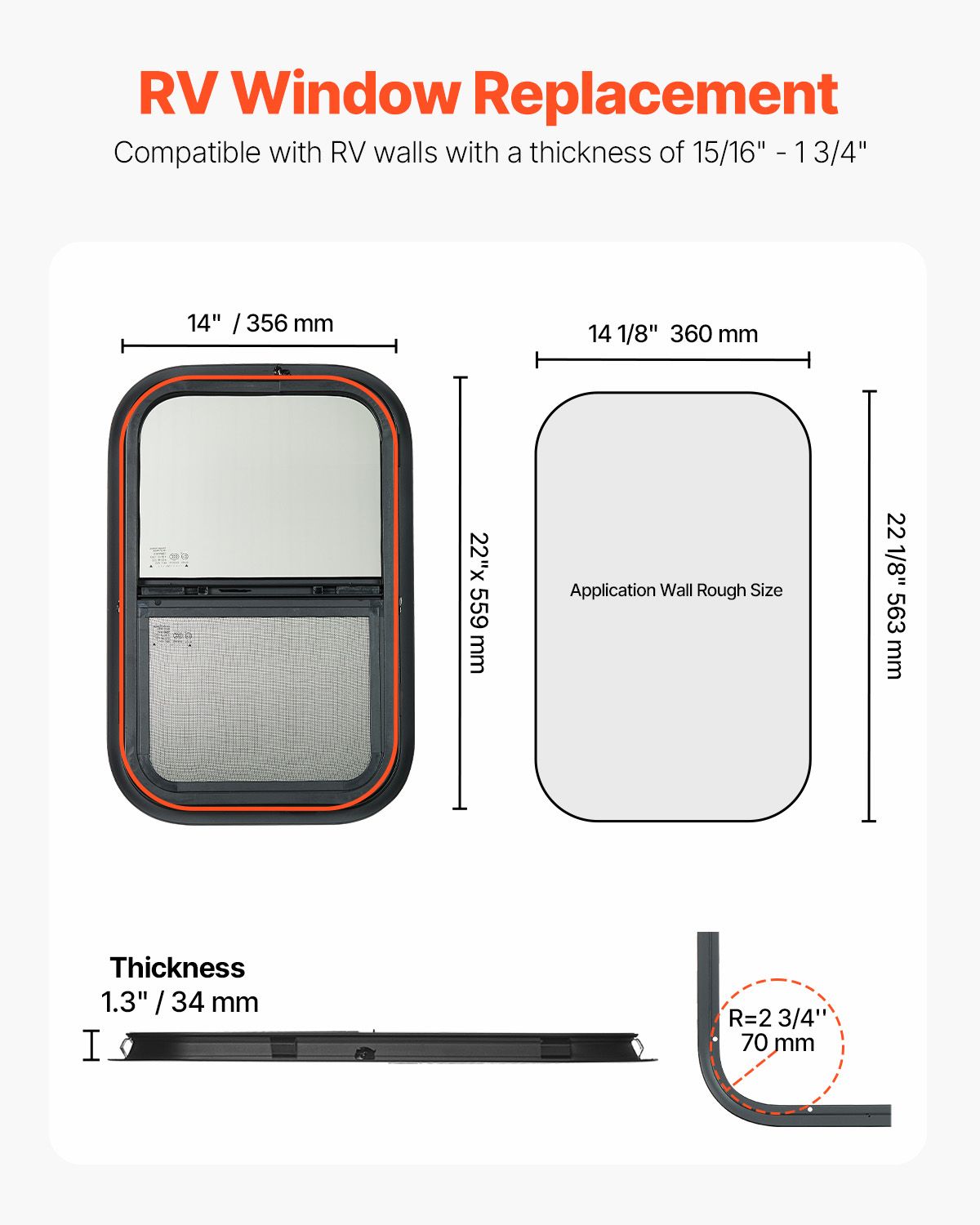Vertical RV Window, 14" W x 22" H Tinted Sliding RV Window with Net Screen & Trim Ring, Fit 15/16" - 1 3/4" Thickness Wall, RV Window Replacement for Teardrop Cargo Trailer Camper, DOT Approved