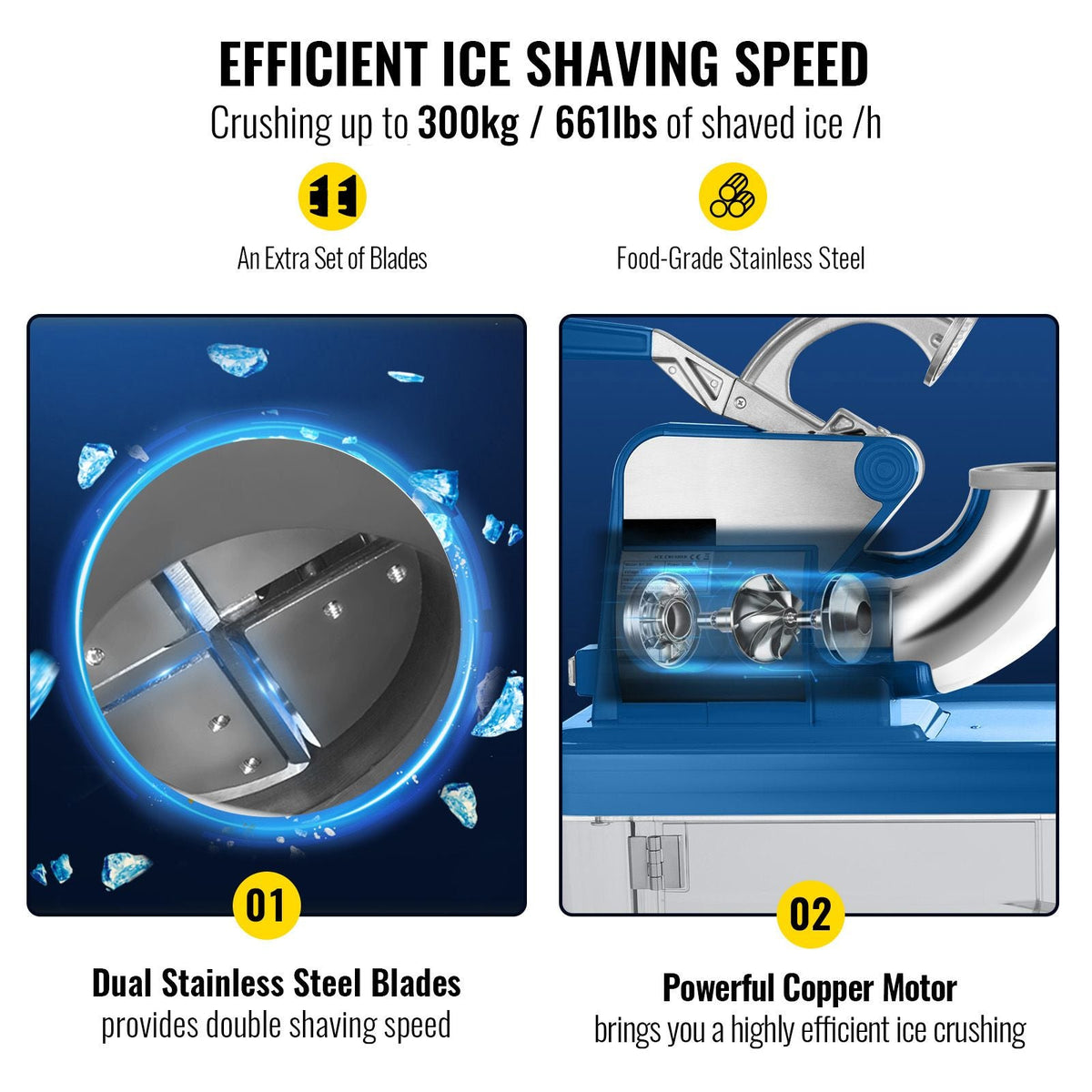 VEVO 110V Commercial Electric Ice Shaver 440lbs/h, Snow Cone Machine with Dual Blades, Stainless Steel Shaved Ice Machine for School, Church, Restaurants Bars