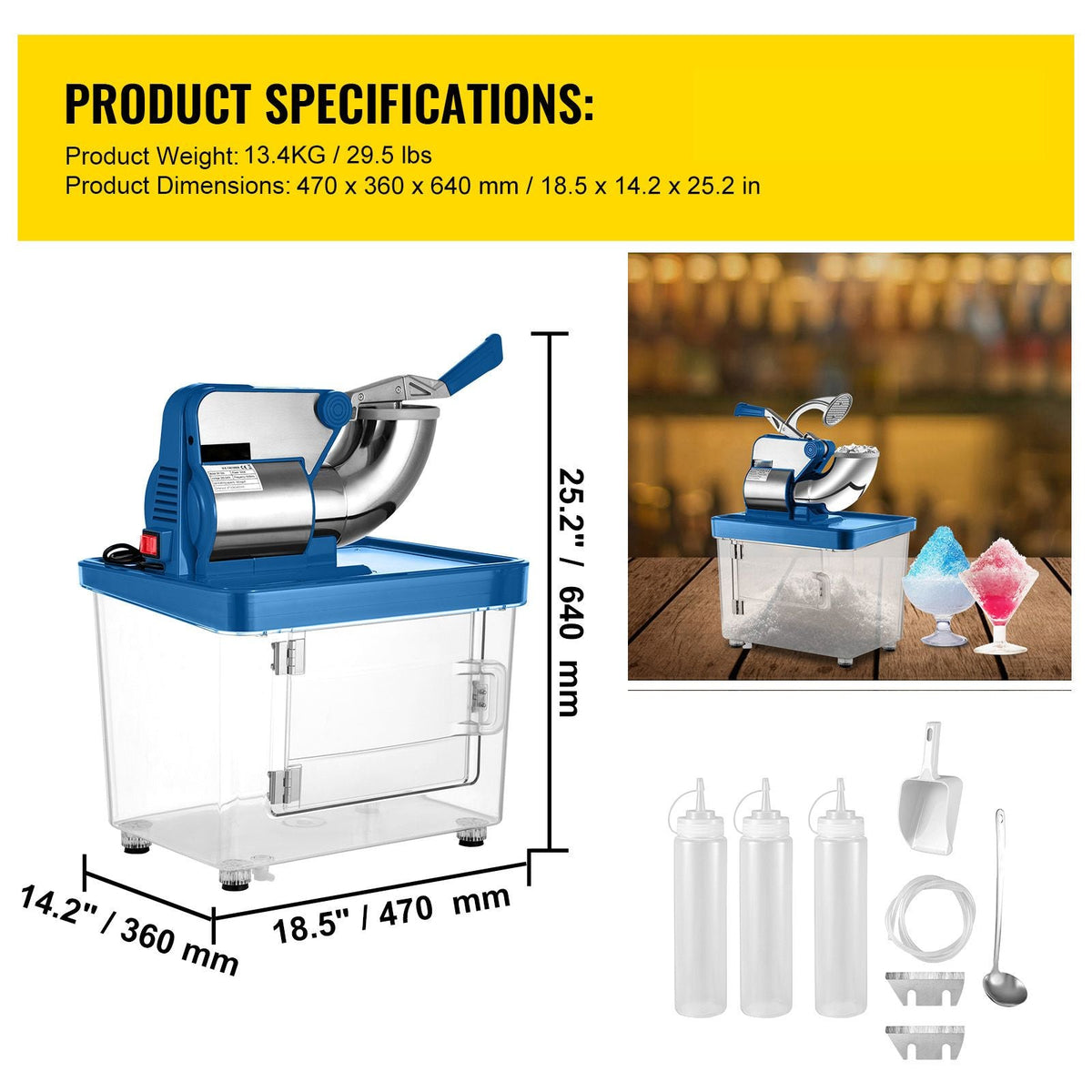 VEVO 110V Commercial Electric Ice Shaver 440lbs/h, Snow Cone Machine with Dual Blades, Stainless Steel Shaved Ice Machine for School, Church, Restaurants Bars