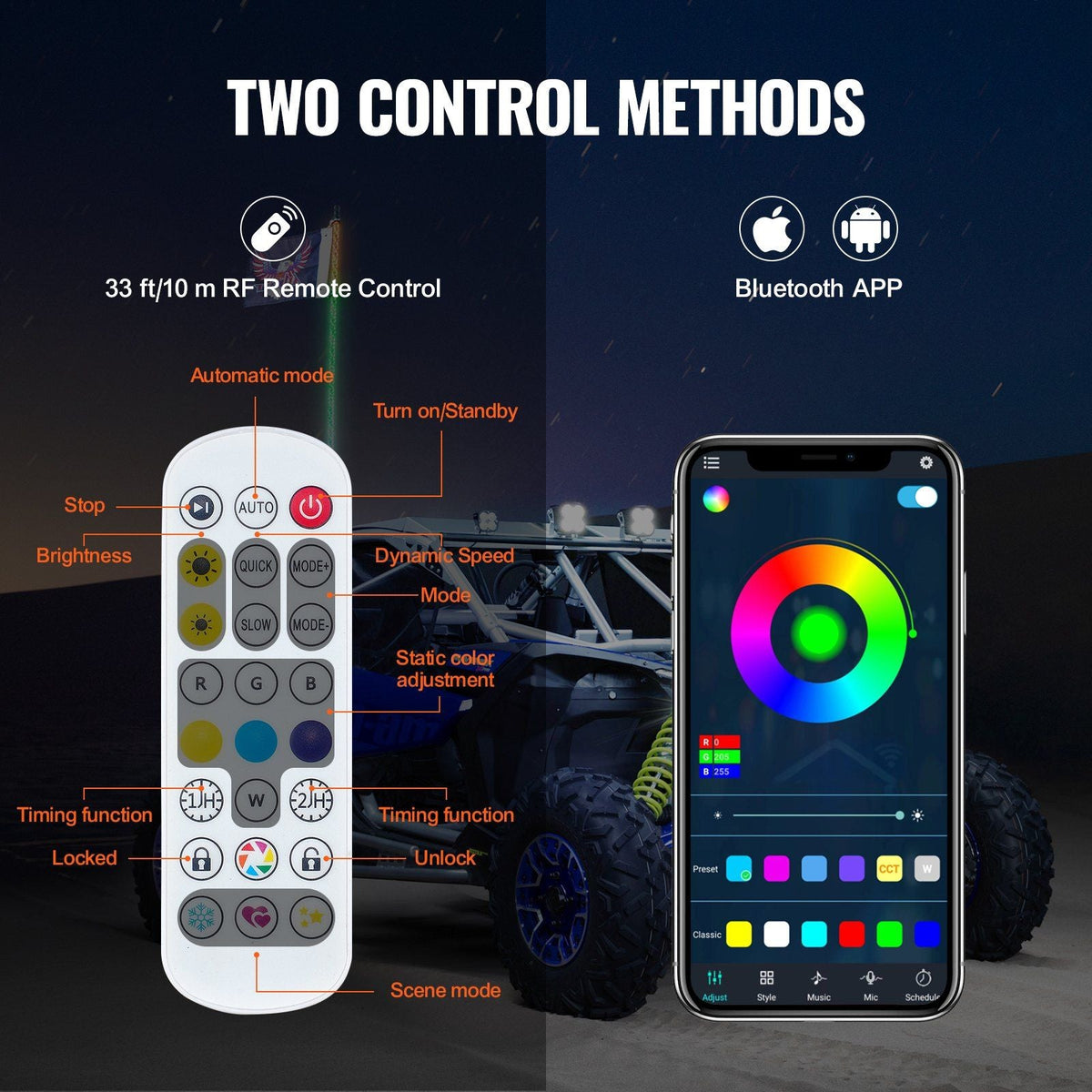 1 PC 5 FT Whip Light, APP & RF Remote Control Led Whip Light, Waterproof 360°Spiral RGB Chasing Lighted Whips with 2 Flags, for UTVs, ATVs, Motorcycles, RZR, Can-am, Trucks, Off-road, Go-karts