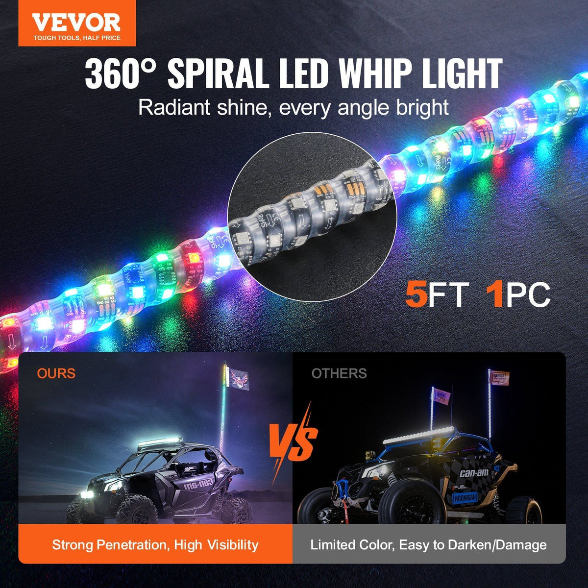 1 PC 5 FT Whip Light, APP & RF Remote Control Led Whip Light, Waterproof 360°Spiral RGB Chasing Lighted Whips with 2 Flags, for UTVs, ATVs, Motorcycles, RZR, Can-am, Trucks, Off-road, Go-karts