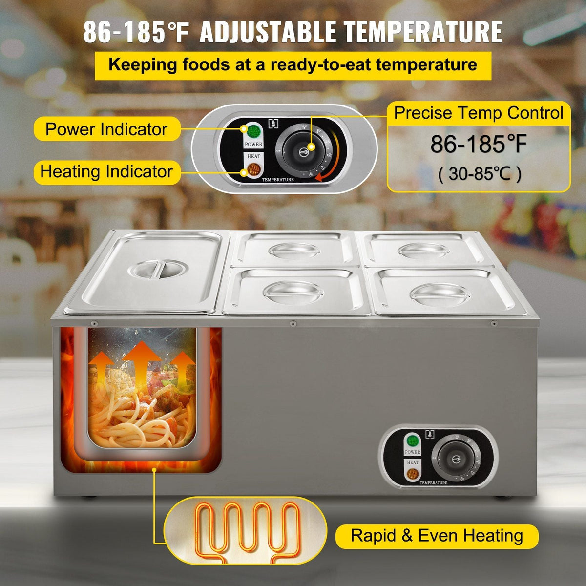 110V Commercial Food Warmer 1x1/3GN and 4x1/6GN, 5-Pan Stainless Steel Bain Marie 13.7 Quart Capacity,1500W Steam Table 15cm/6inch Deep, Electric Food Warmer with Lid for Catering Restaurants