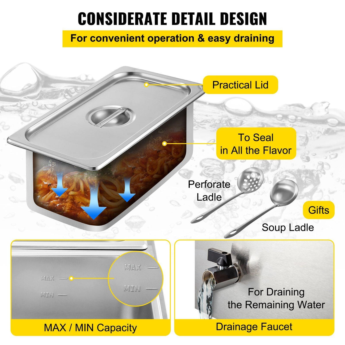 110V Commercial Food Warmer 1x1/3GN and 4x1/6GN, 5-Pan Stainless Steel Bain Marie 13.7 Quart Capacity,1500W Steam Table 15cm/6inch Deep, Electric Food Warmer with Lid for Catering Restaurants