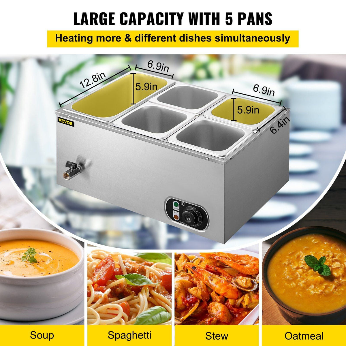 110V Commercial Food Warmer 1x1/3GN and 4x1/6GN, 5-Pan Stainless Steel Bain Marie 13.7 Quart Capacity,1500W Steam Table 15cm/6inch Deep, Electric Food Warmer with Lid for Catering Restaurants