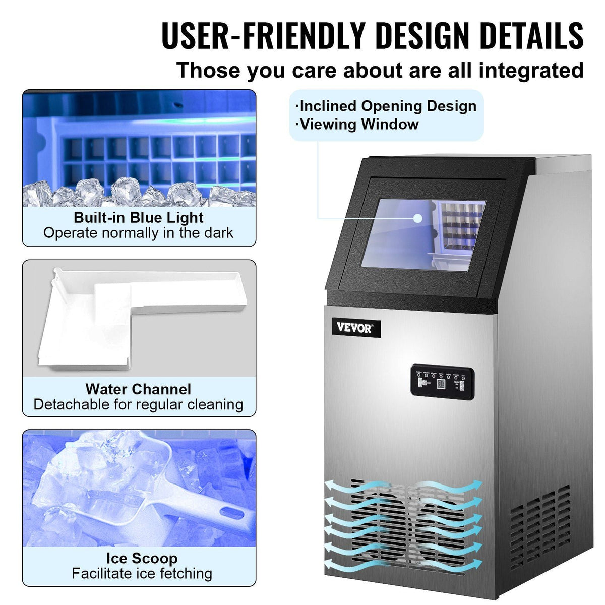 110V Commercial Ice Maker 120LBS/24H with 22LBs Storage Ice Maker Machine Stainless Steel Portable Automatic Ice Machine with Scoop and Connection Hoses Perfect for Restaurants Bars Cafe