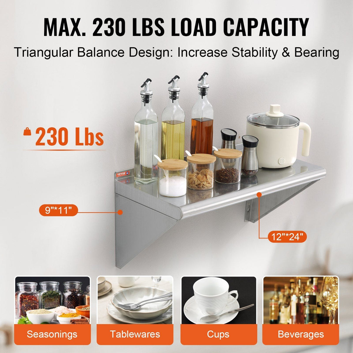 12" x 24" Stainless Steel Shelf, Wall Mounted Floating Shelving with Brackets, 230 lbs Load Capacity Commercial Shelves, Heavy Duty Storage Rack for Restaurant, Kitchen, Bar, Home, and Hotel