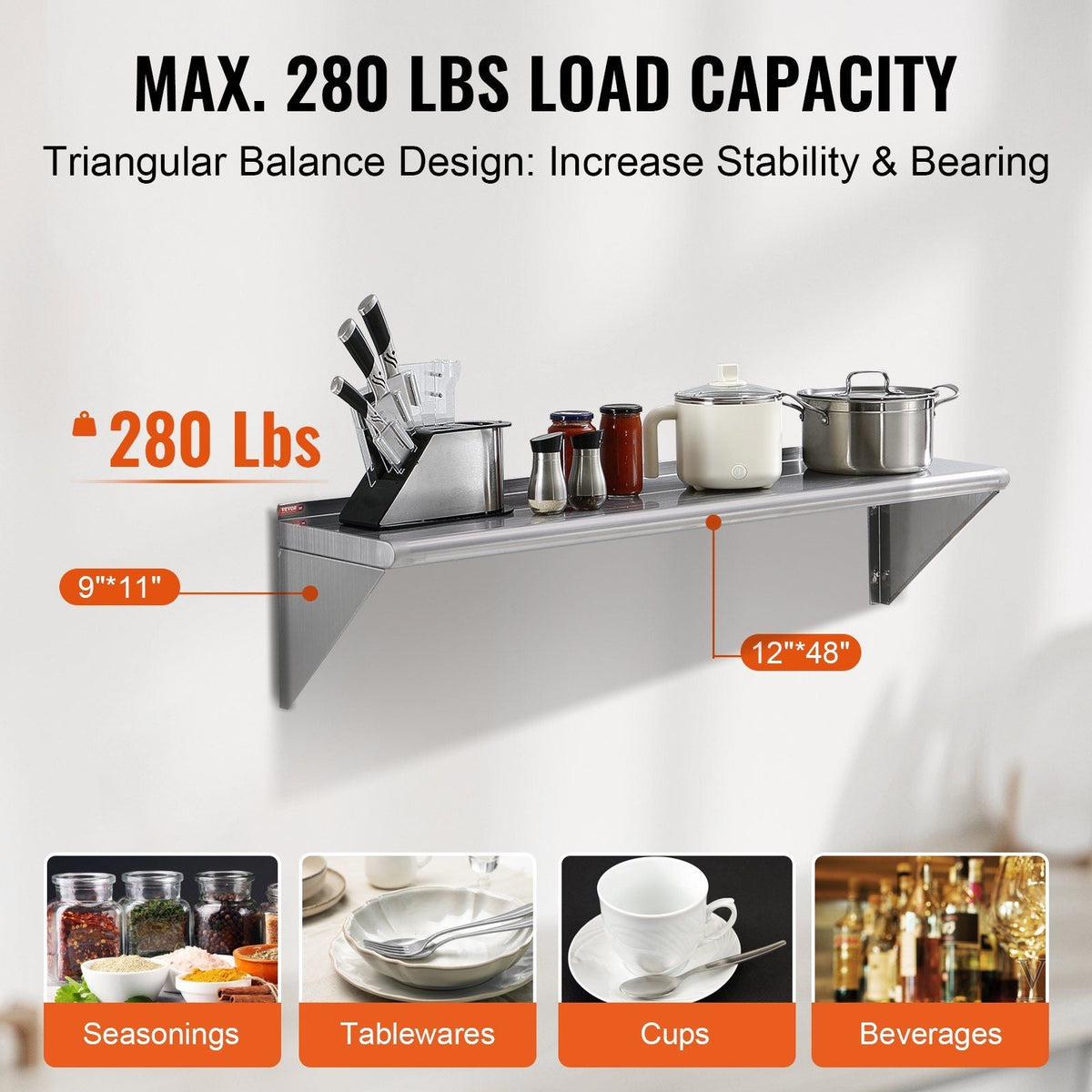 12" x 48" Stainless Steel Shelf, Wall Mounted Floating Shelving with Brackets, 280 lbs Load Capacity Commercial Shelves, Heavy Duty Storage Rack for Restaurant, Kitchen, Bar, Home, and Hotel