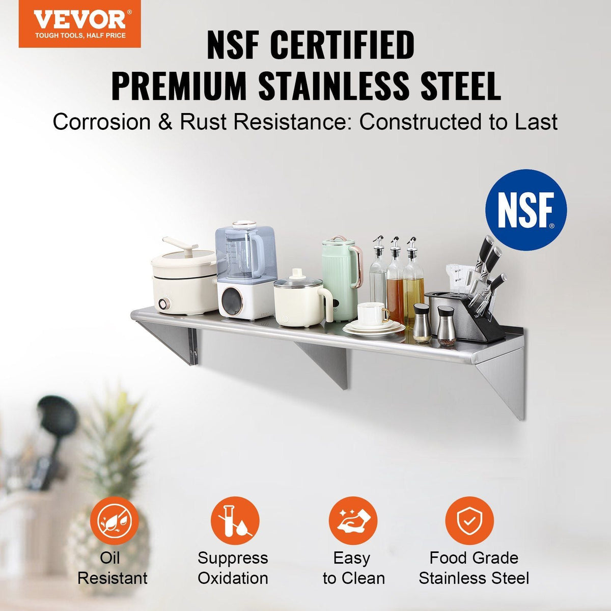 12" x 60" Stainless Steel Shelf, Wall Mounted Floating Shelving with Brackets, 315 lbs Load Capacity Commercial Shelves, Heavy Duty Storage Rack for Restaurant, Kitchen, Bar, Home, and Hotel