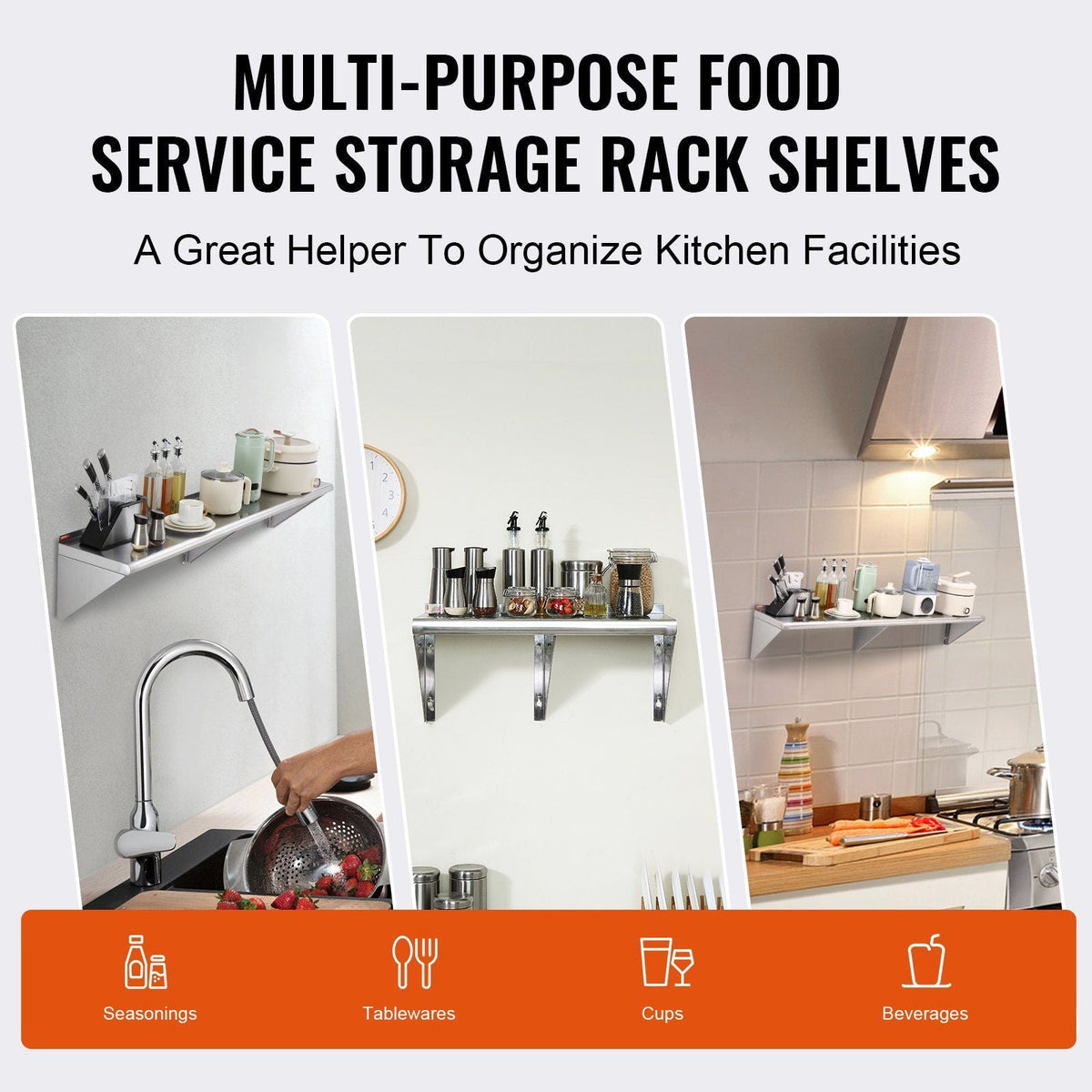 12" x 60" Stainless Steel Shelf, Wall Mounted Floating Shelving with Brackets, 315 lbs Load Capacity Commercial Shelves, Heavy Duty Storage Rack for Restaurant, Kitchen, Bar, Home, and Hotel