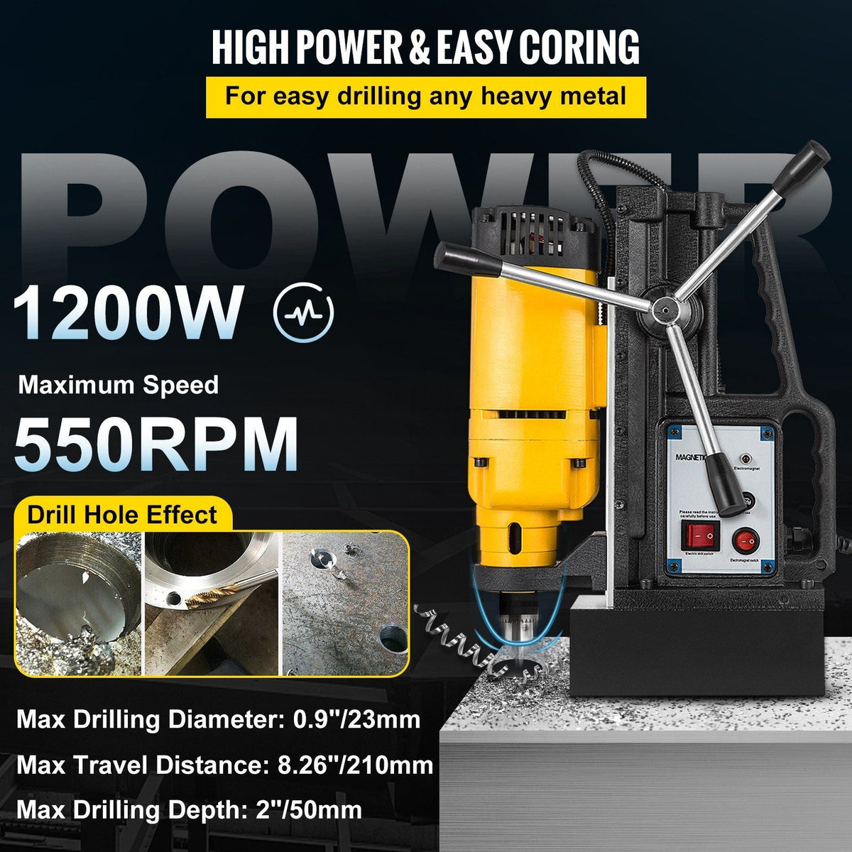 1200W Magnetic Drill Press with 9/10 Inch (23mm) Boring Diameter Magnetic Drill Press Machine 2920 Lbs Magnetic Force Magnetic Drilling System 500RPM Portable Electric Magnetic Drill Press